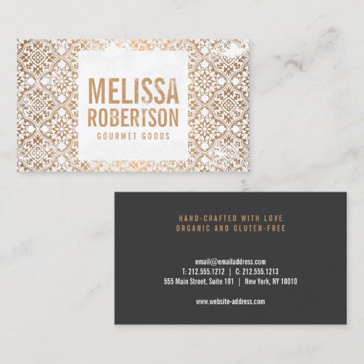 Handgestempeld koperen en witte  patroon visitekaartje (Voorkant / Achterkant)