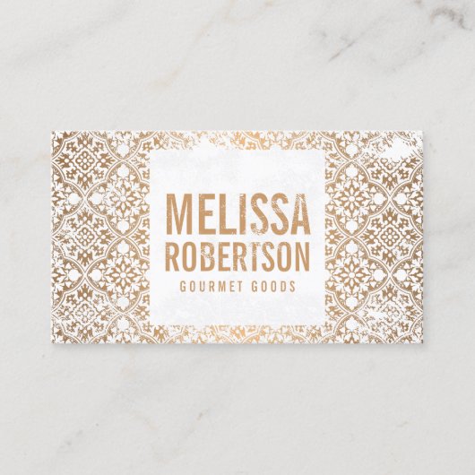 Handgestempeld koperen en witte patroon visitekaartje (Voorkant)