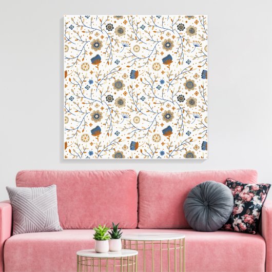 handgetekend bloemmotief in blauw, Sinaasappel Canvas Afdruk (Insitu (Woonkamer))