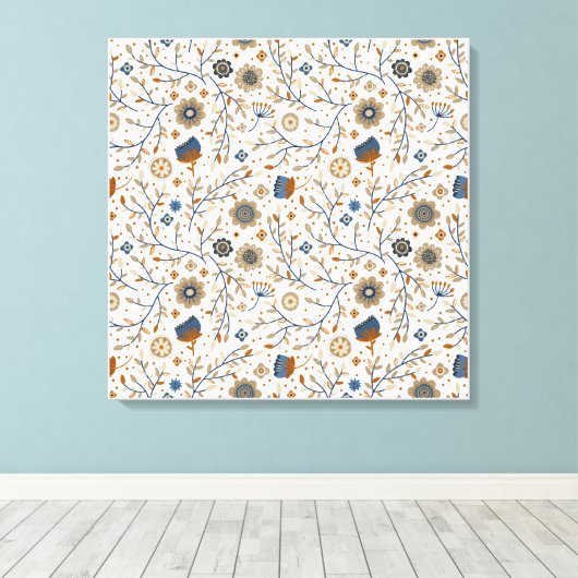 handgetekend bloemmotief in blauw, Sinaasappel Canvas Afdruk (Insitu (Houten vloer))