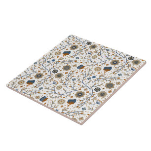 handgetekend bloemmotief in blauw, Sinaasappel Tegeltje