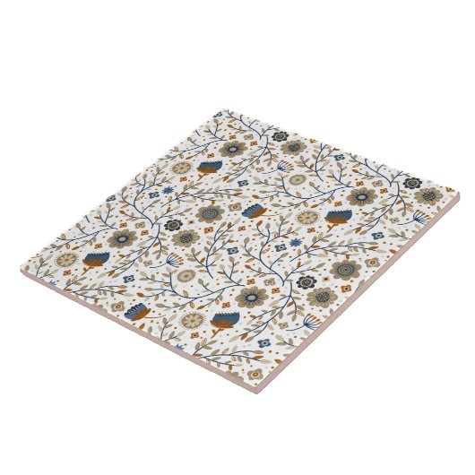  handgetekend bloemmotief in blauw, Sinaasappel Tegeltje (Zijkant)