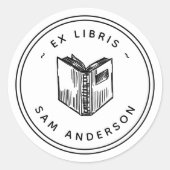  handgetekend boek rond bibliotheek ex libris ronde sticker (Voorkant)