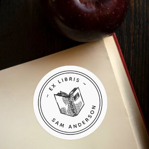 handgetekend boek rond bibliotheek ex libris ronde sticker
