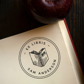  handgetekend boek rond bibliotheek ex libris  zelfinktende stempel