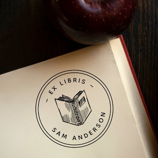 handgetekend boek rond bibliotheek ex libris zelfinktende stempel
