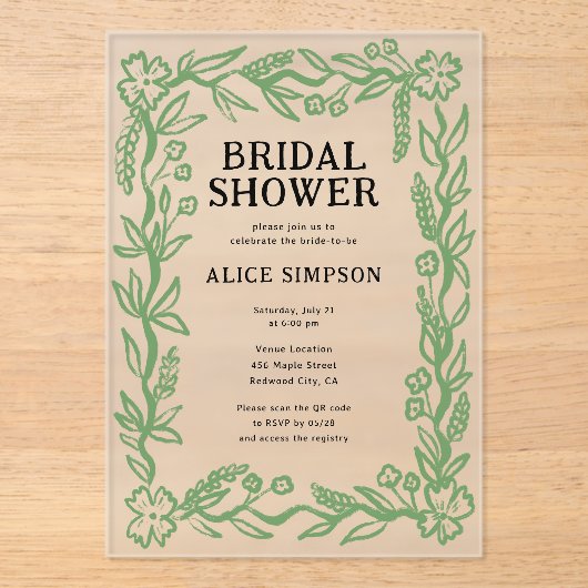 handgetekend botanisch Vrijgezellenfeest Acryl Uitnodigingen (Voorkant)