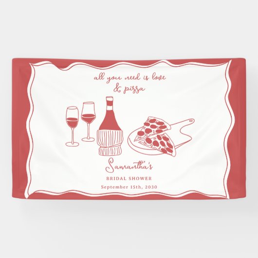Handgetekend Italiaans Pizza Wijn Bruidsdiner Bord Spandoek (Horizontaal)