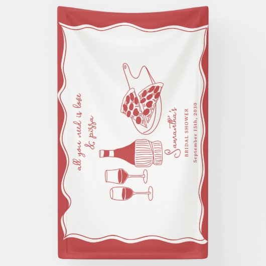 Handgetekend Italiaans Pizza Wijn Bruidsdouche Bor Spandoek (Verticaal)
