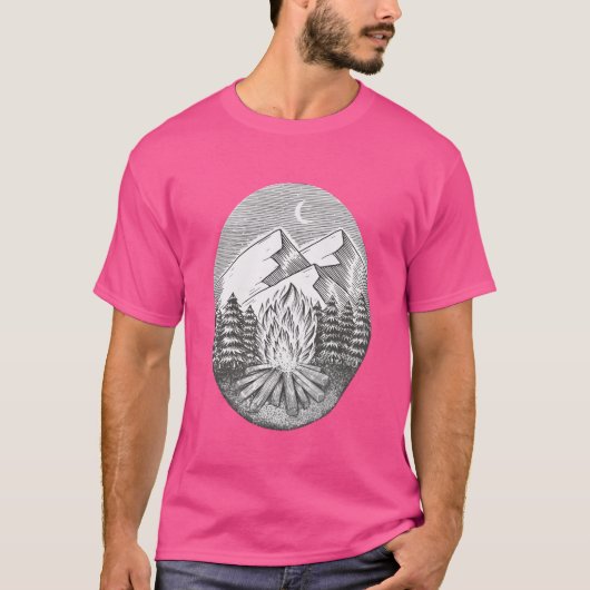 Handgetekend kampeer kampvuur met berg grap t-shirt (Voorkant)