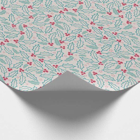 Handgetekend kerstrood Holly Berries Green Leaf Cadeaupapier (Hoek)