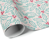 Handgetekend kerstrood Holly Berries Green Leaf Cadeaupapier (Rol Hoek)