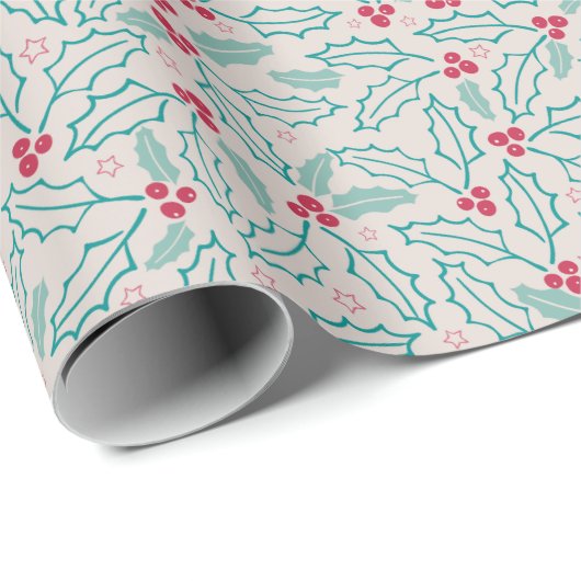 Handgetekend kerstrood Holly Berries Green Leaf Cadeaupapier (Rol Hoek)