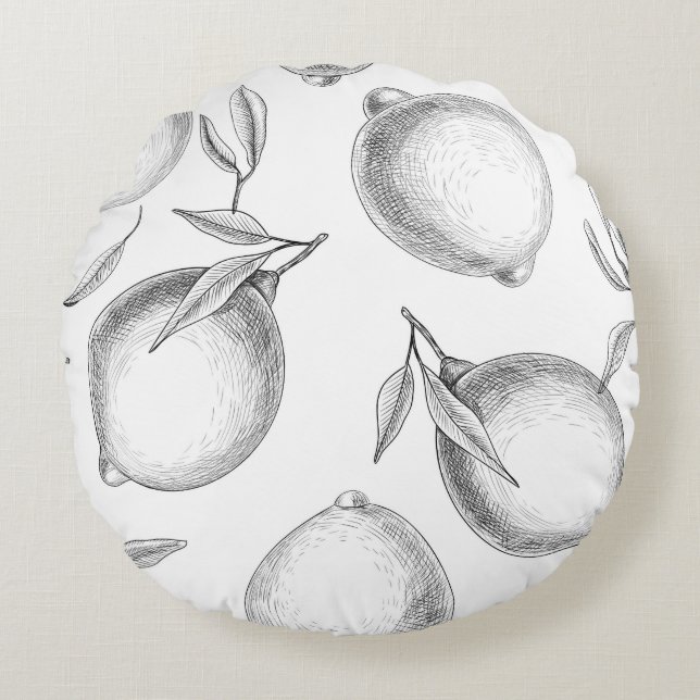 Handgetekend Lemon-patroon Rond Kussen (Voorkant)