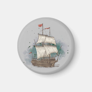 Handgetekend schip in boeggolf op spetterende acht magneet