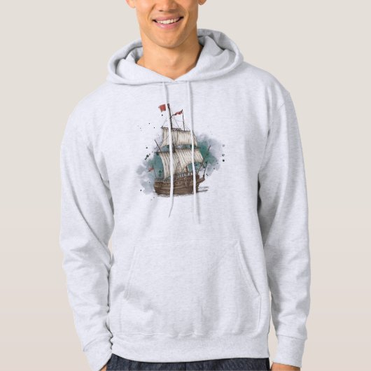 Handgetekend schip in bow Wave on Splash Backgroun Hoodie (Voorkant)