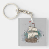 Handgetekend schip in bow Wave on Splash Backgroun Sleutelhanger (voorkant)