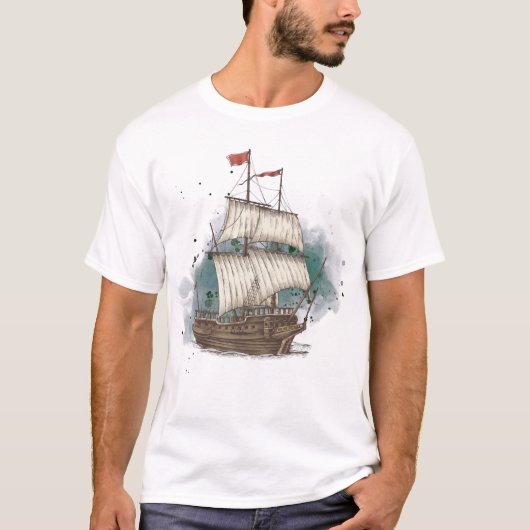 Handgetekend schip in bow Wave on Splash Backgroun T-shirt (Voorkant)
