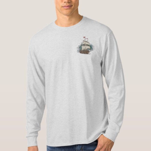 Handgetekend schip in bow Wave on Splash Backgroun T-shirt (Voorkant)