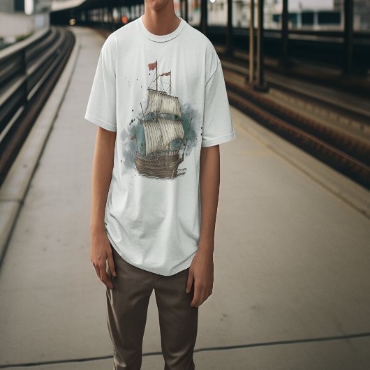 Handgetekend schip in bow Wave on Splash Backgroun T-shirt