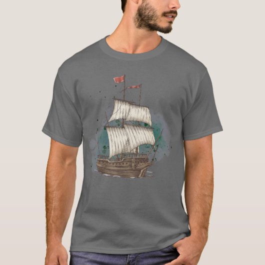 Handgetekend schip in bow Wave on Splash Backgroun T-shirt (Voorkant)