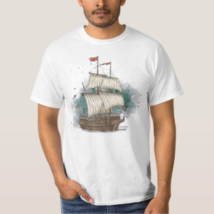 Handgetekend schip in bow Wave on Splash Backgroun T-shirt