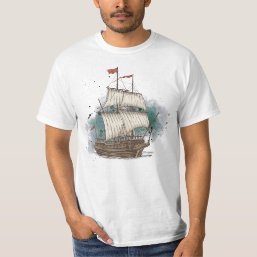 Handgetekend schip in bow Wave on Splash Backgroun T-shirt (Voorkant)