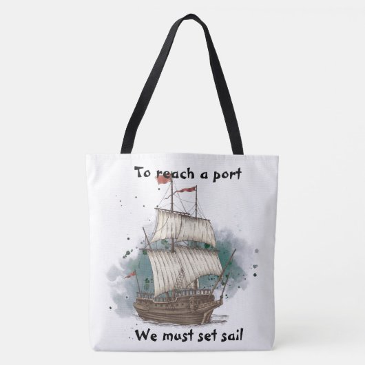 Handgetekend schip in bow Wave on Splash Backgroun Tote Bag (Voorkant)