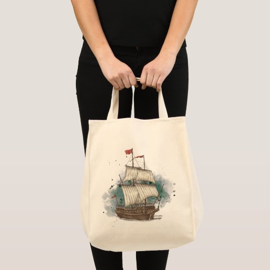 Handgetekend schip in bow Wave on Splash Backgroun Tote Bag (Voorkant (product))