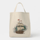 Handgetekend schip in bow Wave on Splash Backgroun Tote Bag (Achterkant)