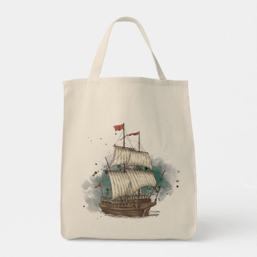 Handgetekend schip in bow Wave on Splash Backgroun Tote Bag (Achterkant)