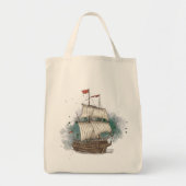 Handgetekend schip in bow Wave on Splash Backgroun Tote Bag (Voorkant)