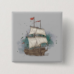 Handgetekend schip in bow Wave on Splash Backgroun Vierkante Button 5,1 Cm