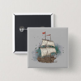 Handgetekend schip in bow Wave on Splash Backgroun Vierkante Button 5,1 Cm