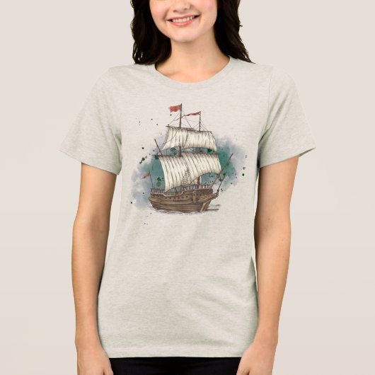 Handgetekend Schip Tri-Blend Shirt (Voorkant)