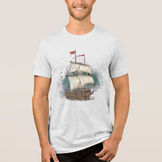 Handgetekend Schip Tri-Blend Shirt (Voorkant)