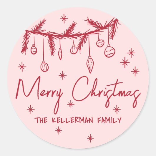 Handgetekend Vrolijk Kerstfeest Ronde Sticker (Voorkant)