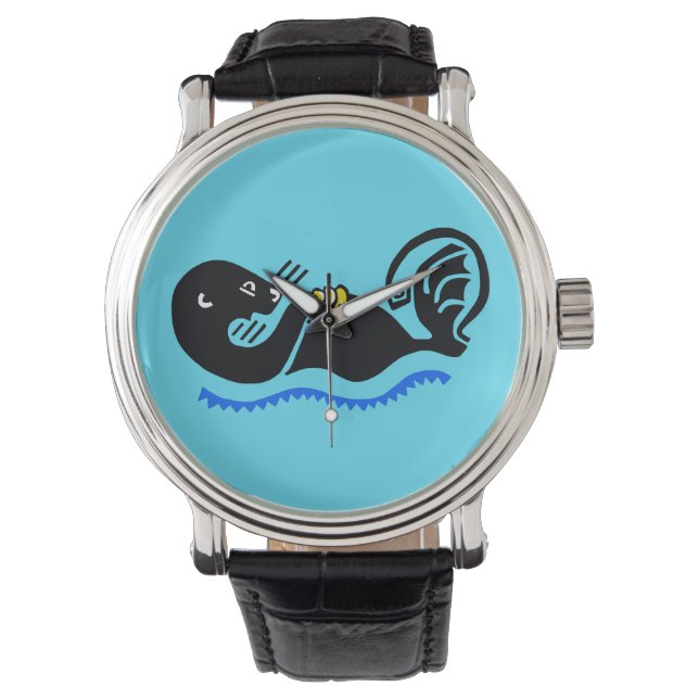 Handgetekend - Zeeen OTTER - Natuur -Blauw Horloge (Voorkant)