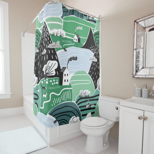 Handgetekende abstracte scandinavische afbeelding douchegordijn (In situ)