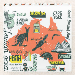 Handgetekende Australische attracties, typografie Glazen Onderzetter