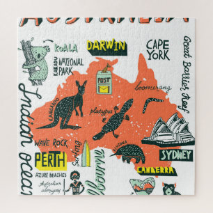 Handgetekende Australische attracties, typografie  Legpuzzel