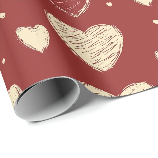 Handgetekende beige rode hart patroon illustratie cadeaupapier (Rol Hoek)