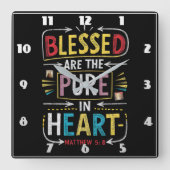 Handgetekende Bijbelvers: Gezegend Zuiver Hart Vierkante Klok (Voorkant)