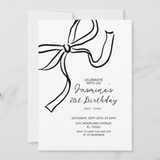 Handgetekende Black Bow Doodle Invitation Kaart (Voorkant)