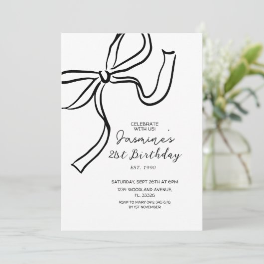 Handgetekende Black Bow Doodle Invitation Kaart (Staand voorkant)