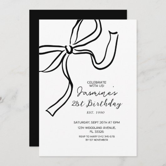 Handgetekende Black Bow Doodle Invitation Kaart (Voorkant / Achterkant)