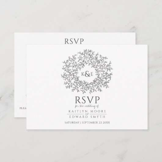 Handgetekende bladmonogram donkergrijze RSVP-bruil RSVP Kaartje (Voorkant / Achterkant)