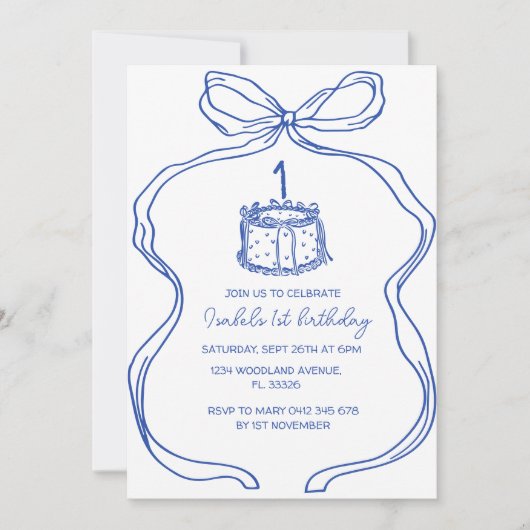 handgetekende blauw Boog 1e Verjaardag,  taart Kaart (Voorkant)