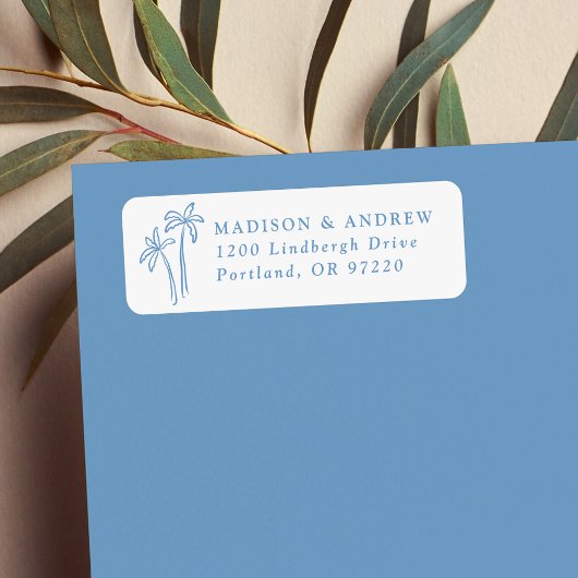 Handgetekende blauwe palmbomen bruiloft retour adr etiket