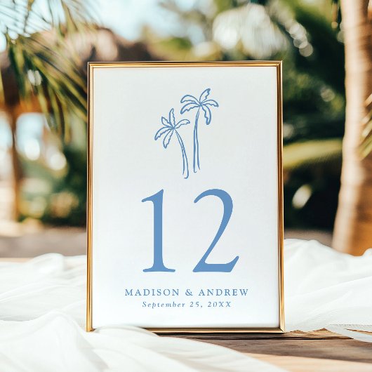 Handgetekende blauwe palmbomen Trouwtafel Nummer Kaart